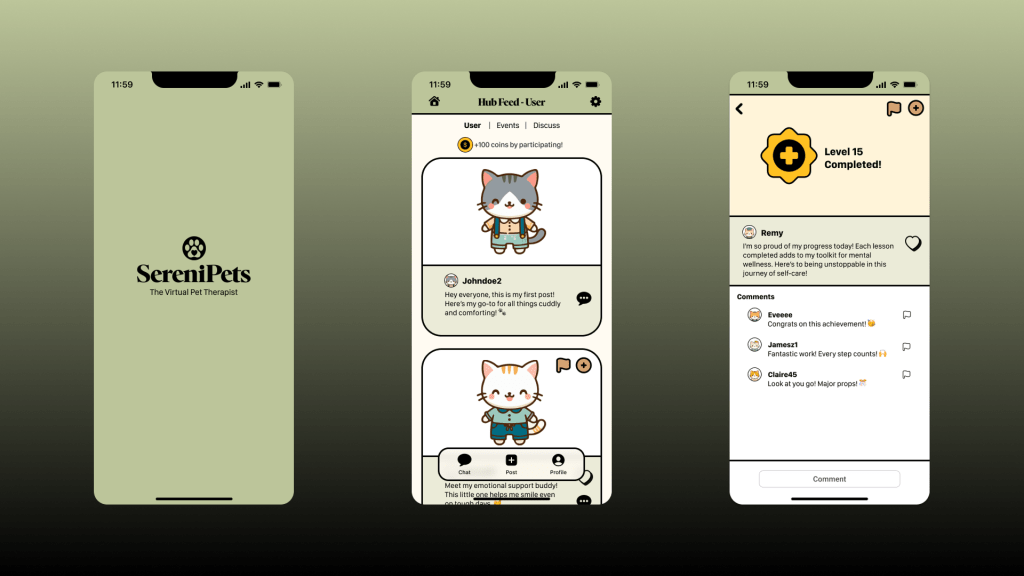 Showcases three screens from the SereniPets App