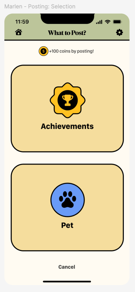 Posting function with options of either user's achievements or pet.