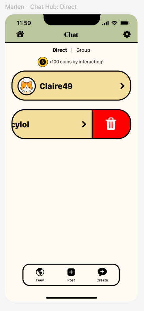 Direct messaging section with 2 befriended users added.