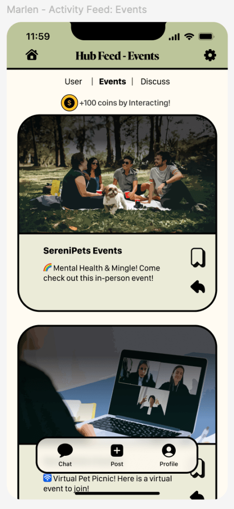 Event feed section showing posts of events.