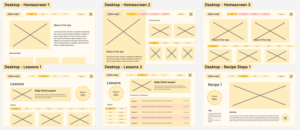 Low fidelity wireframes for desktop.