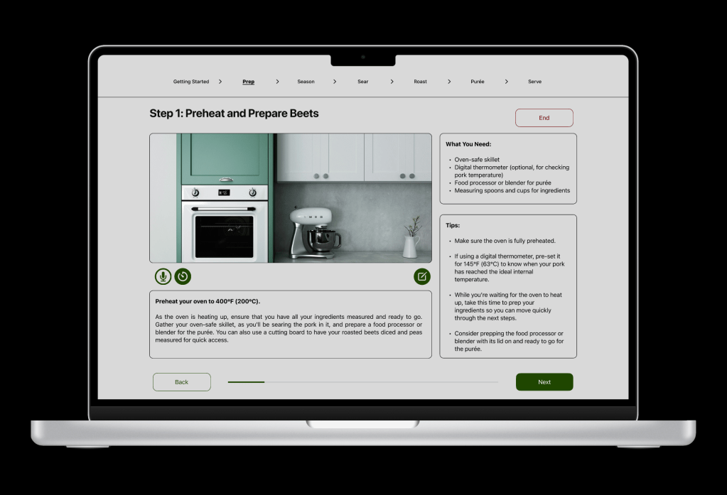 Recipe steps screen on desktop when following a recipe which includes detailed instructions, timer, text-to-speech, and a notes feature.