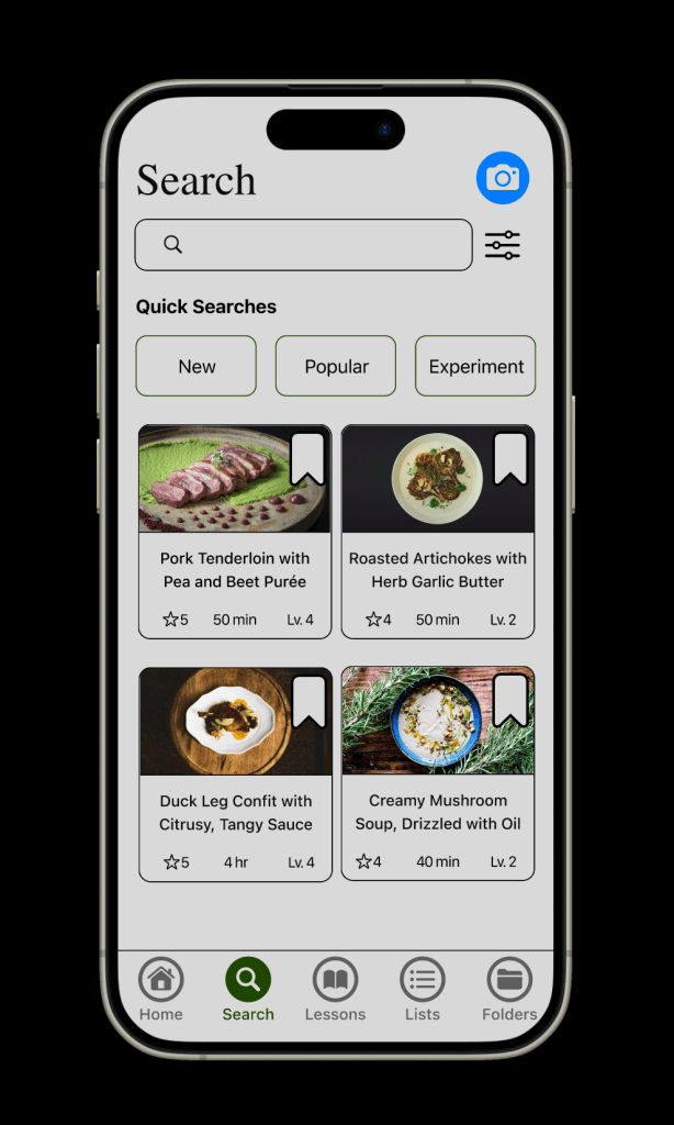 Search feature screen on mobile that consists of quick searches, filter, and camera to search for recipes.