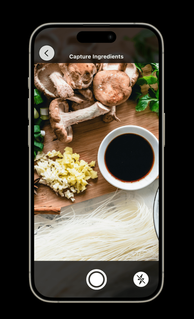 Camera feature screen on mobile where users can capture ingredients that have for recipes.