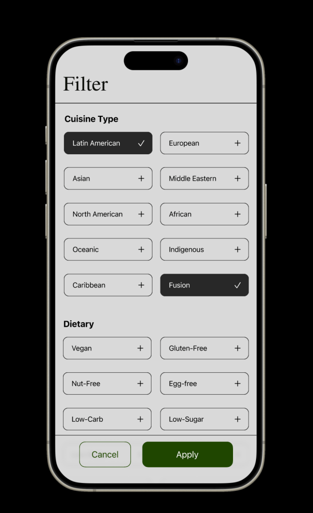Filter screen on mobile that offers different categories to select from such as cuisine type and dietary restrictions.