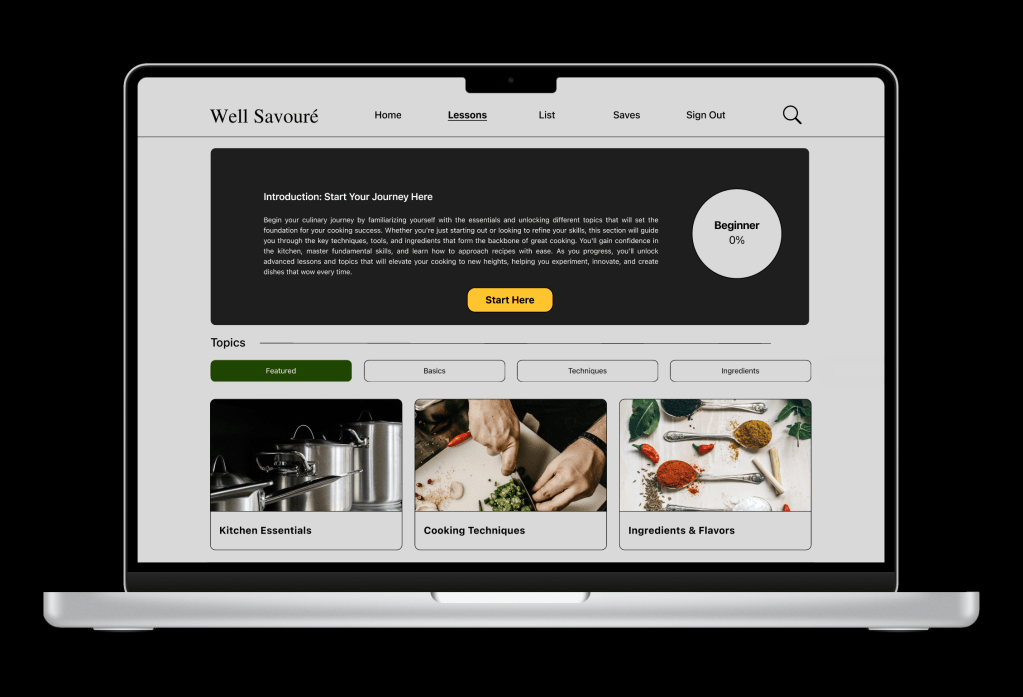 Lesson feature section on desktop that list a main guide while providing topics that can be unlocked and explored further.