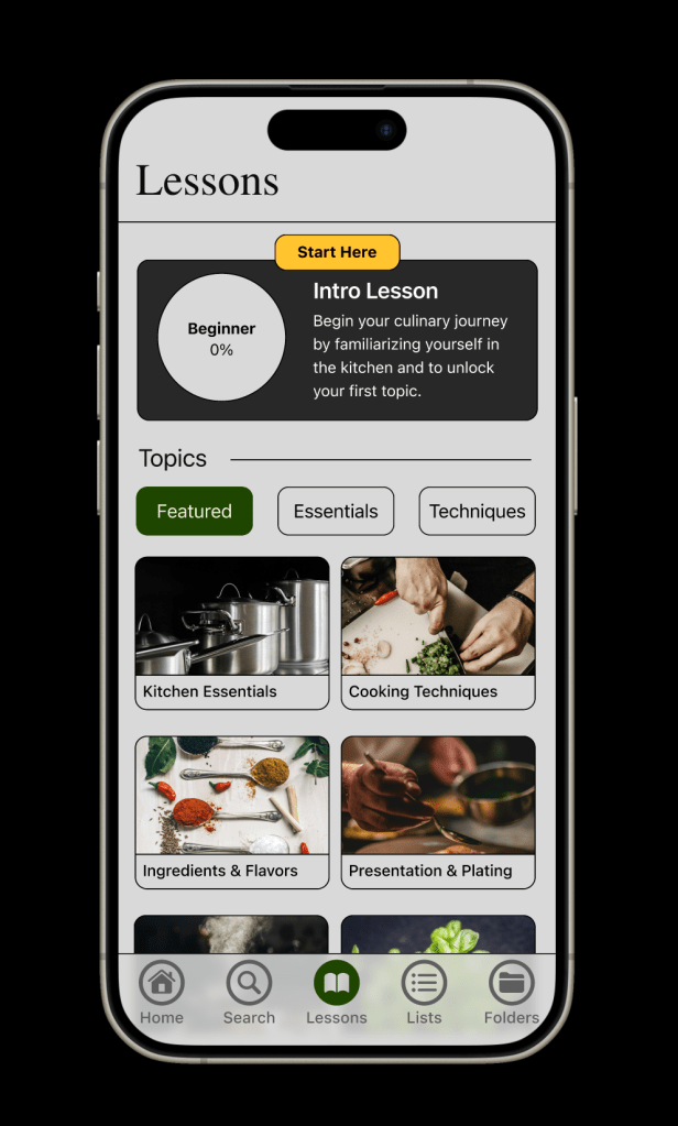 Lesson feature section on mobile that list a main guide while providing topics that can be unlocked and explored further.