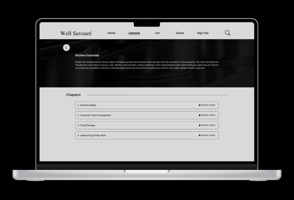 Selected topic on desktop called "Kitchen Essentials" from the lesson feature that list locked chapters.