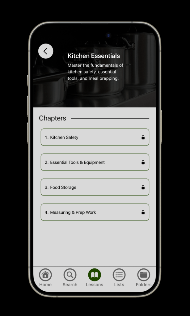 Selected topic on mobile called "Kitchen Essentials" from the lesson feature that list locked chapters.