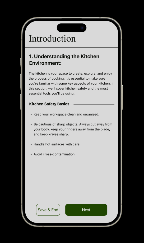Introductory lesson screen on mobile that introduces users about the basics of cooking.