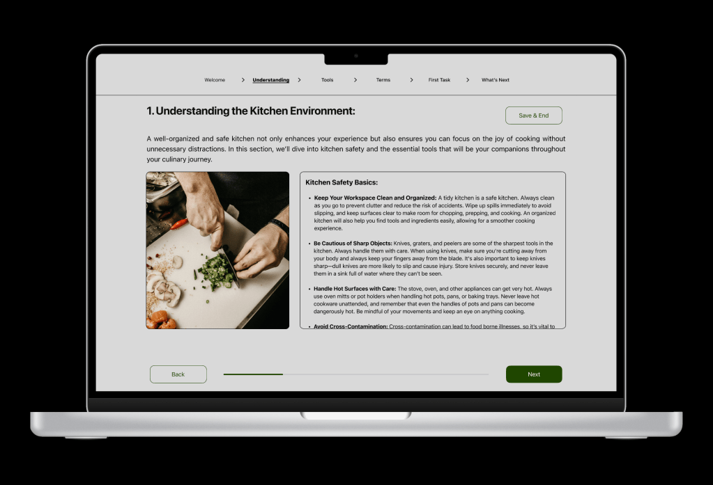 Introductory lesson screen on desktop that introduces users about the basics of cooking with more detailed explanation and added imagery.