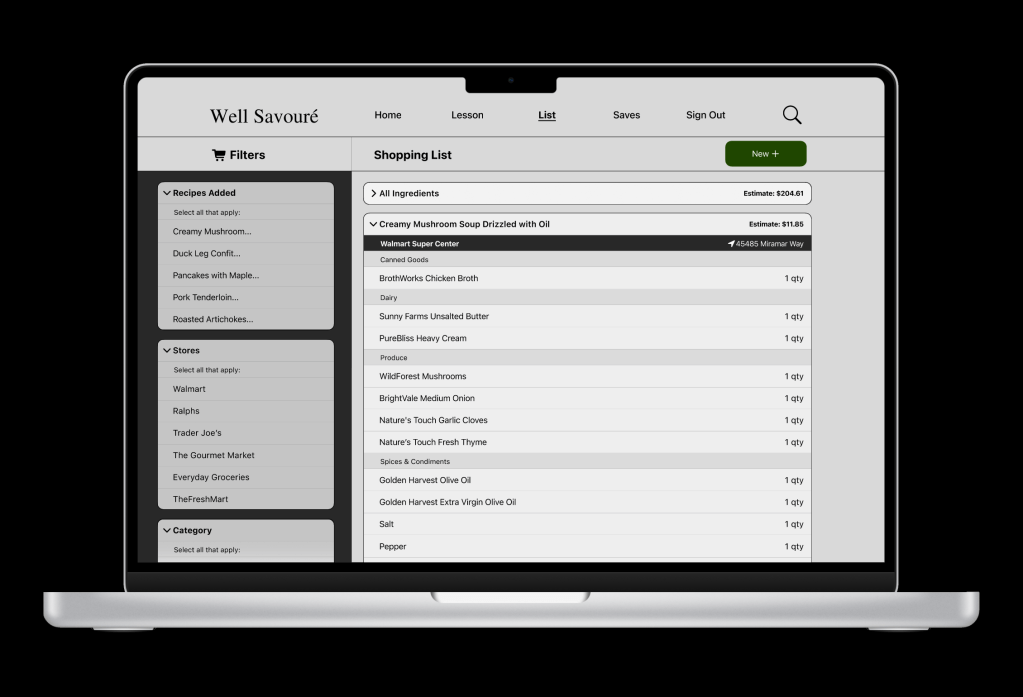 Grocery lists screen on desktop that provides lists for each recipe that the user decided to generate, option to generate new ones, and filters.