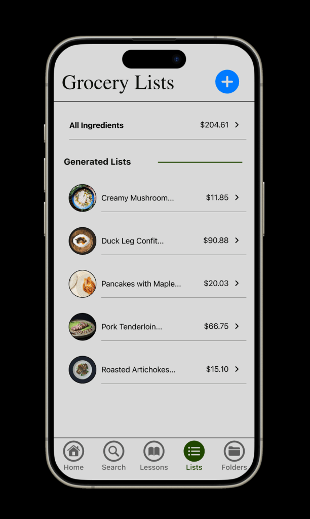 Grocery lists screen on mobile that provides lists for each recipe that the user decided to generate.