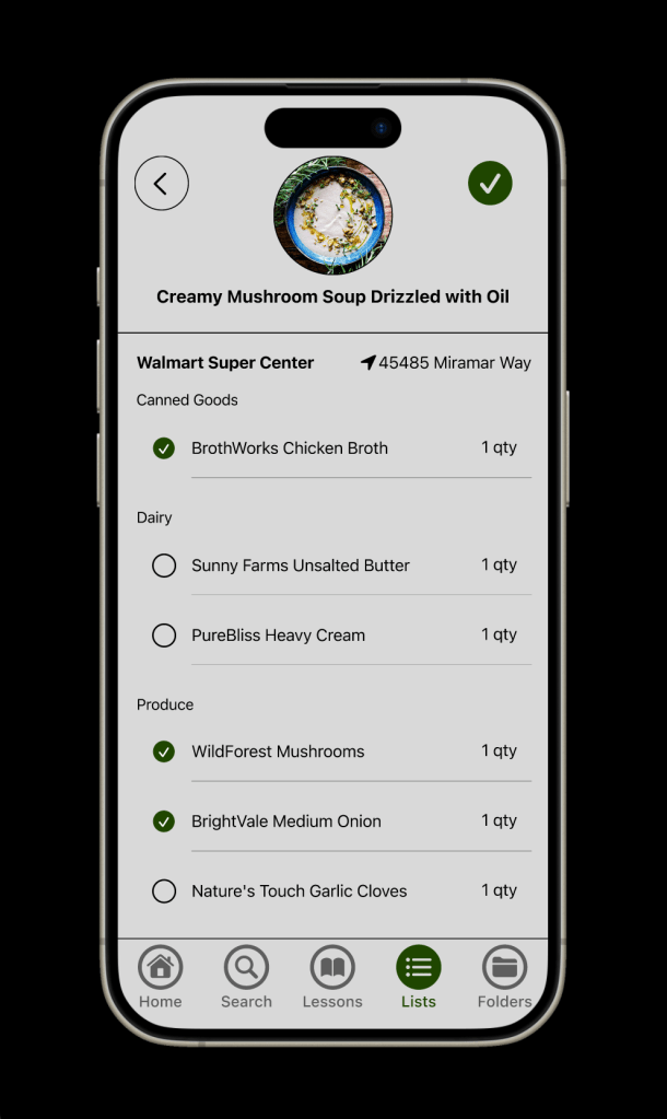 Selected grocery list of a certain recipe on mobile that provides the location(s), brands, and quantity.