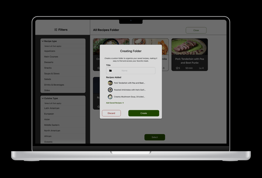 Creating a folder screen on desktop. Includes the option to change title, adding saved recipes, and discard.