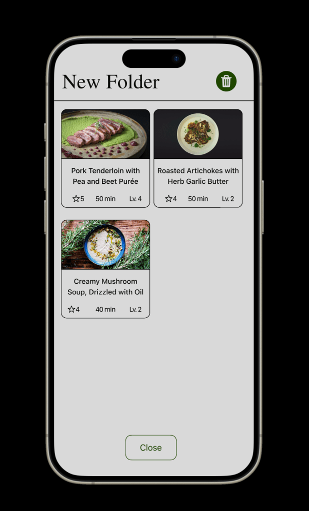 Screen on mobile that shows saved recipes stored in a new folder.