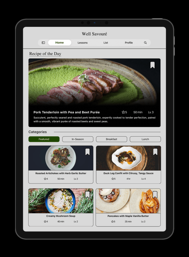 Home screen on tablet that show featured recipes while having the option to filter through.