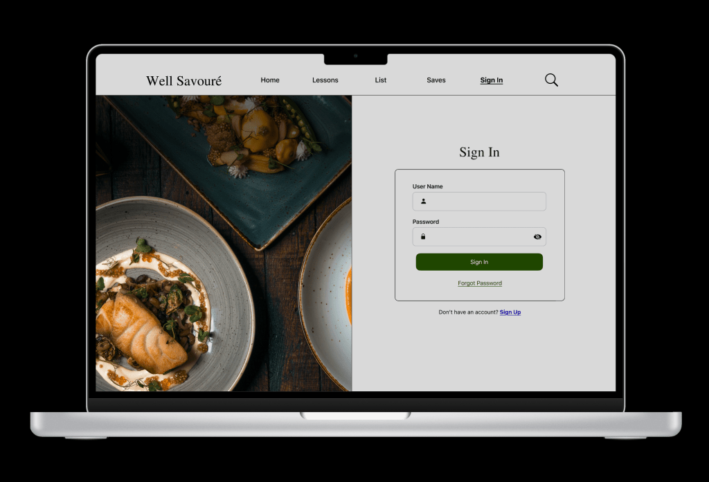 Sign in screen on desktop that asks the user for their username, password, the option to recover their password, or to sign up.