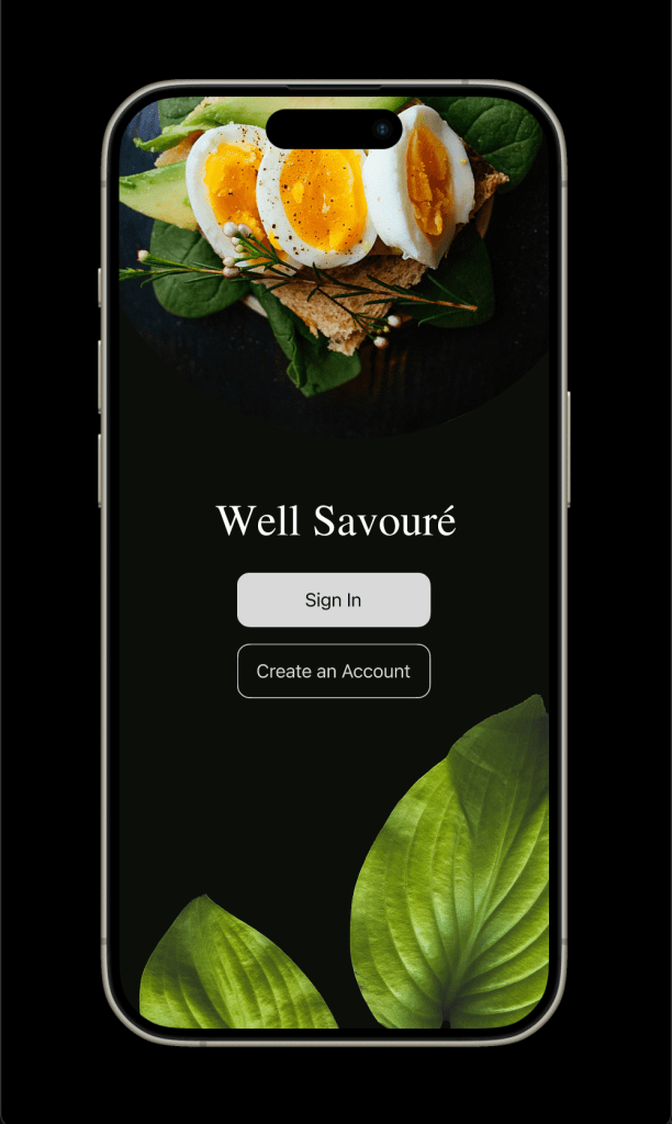 Welcome page screen on mobile when opening the app which allow users to sign in or create an account.