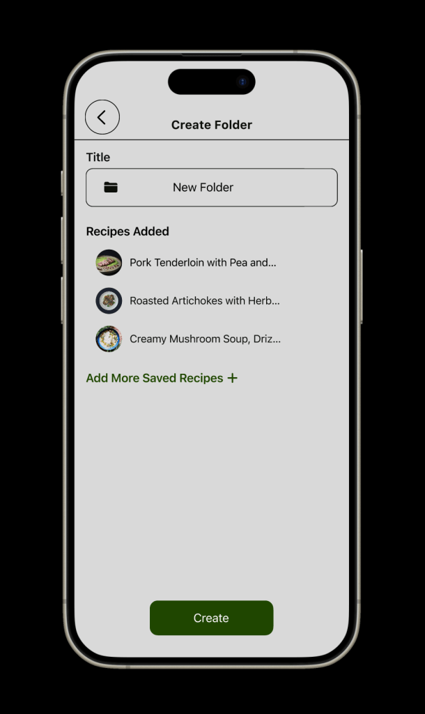 Creating a folder screen on mobile. Includes the option to change title and adding saved recipes.