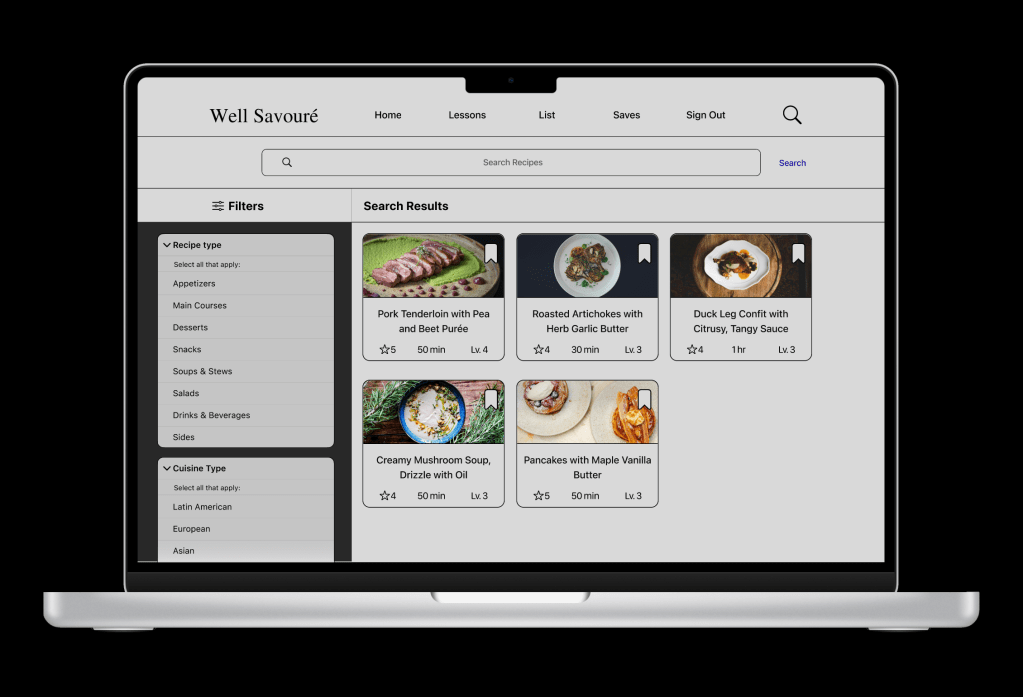 Search feature screen on desktop that consists of quick searches, and filters.