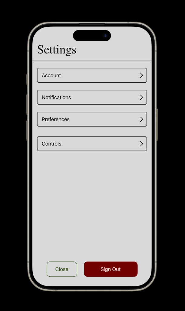 Settings on mobile that provide options to access account info, notifications, preferences regarding cooking, and controls.