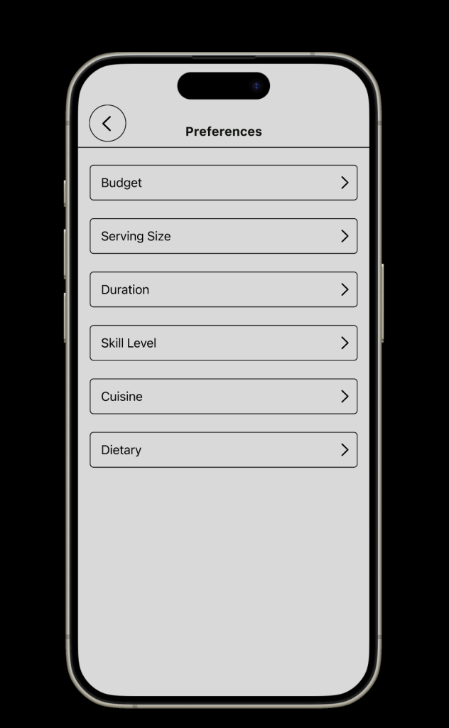 Preferences section on mobile where users can readjust budget, serving size, duration, skill level, cuisine, and dietary.
