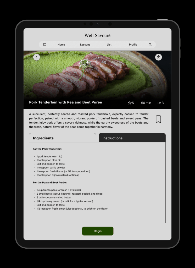Selected dish screen on tablet that provides a description of the recipe including the ingredients and instructions.