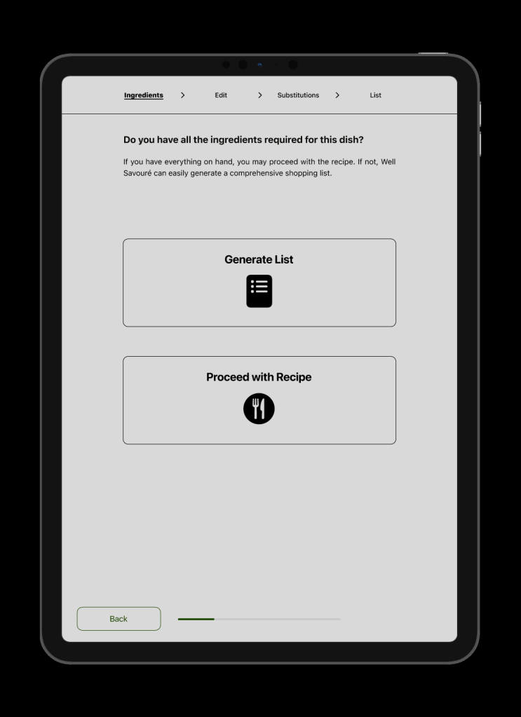 Generate list or proceed with recipe screen on tablet that ask users whether they want to create a grocery list before starting the recipe.