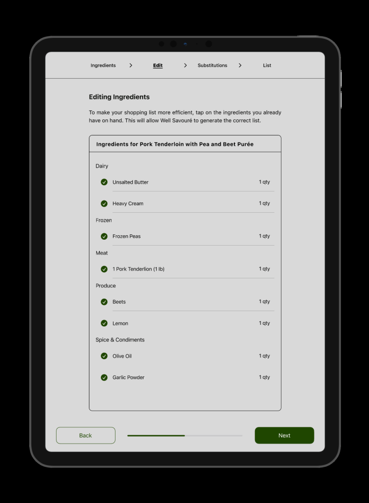 Editing ingredients screen on tablet when generating a grocery list allowing the user to check off ingredients they already have.