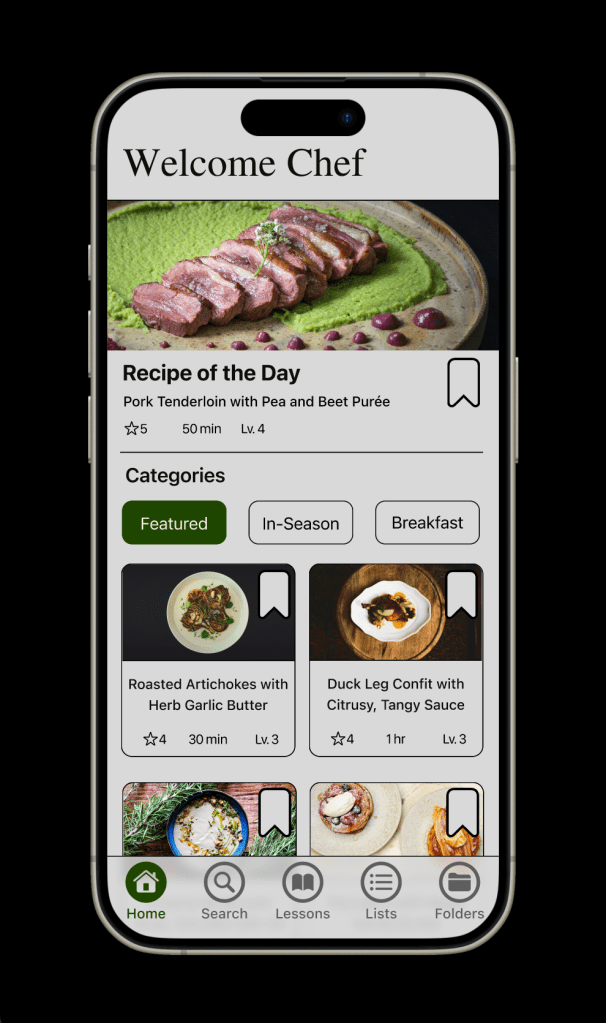 Home screen on mobile that show featured recipes while having the option to filter through.