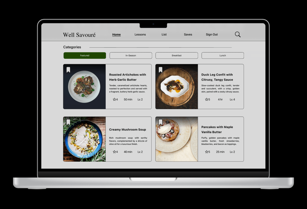 Scrolling down on the home screen on desktop that show featured recipes while having the option to filter through.