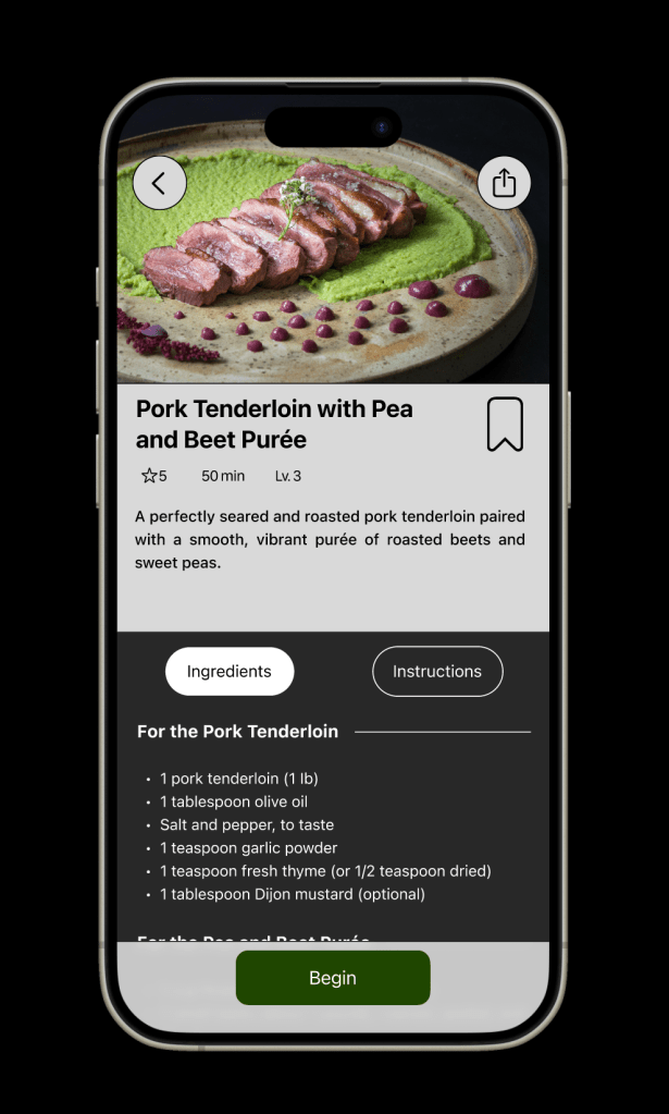 Selected dish screen on mobile that provides a description of the recipe including the ingredients and instructions.