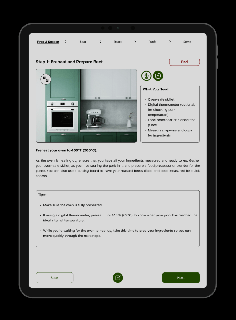 Recipe steps screen on tablet when following a recipe which includes extended instructions, timer, text-to-speech, and a note feature.