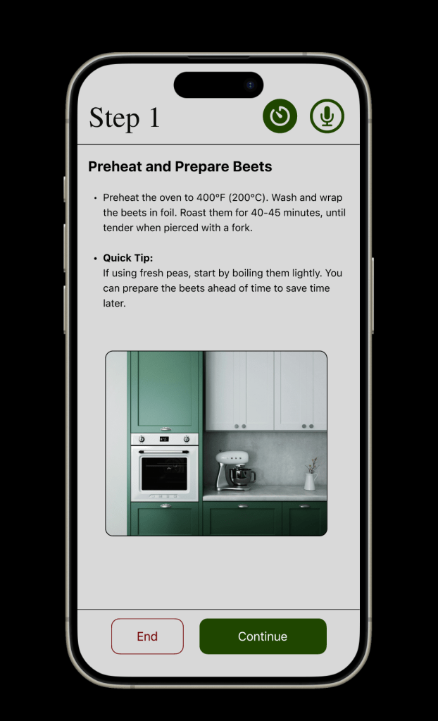 Recipe steps screen on mobile when following a recipe which includes instructions, timer, and text-to-speech.
