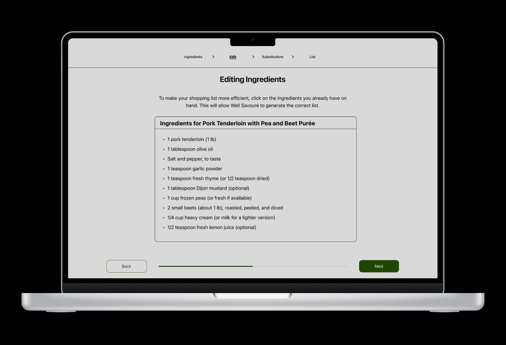 Editing ingredients screen on desktop when generating a grocery list allowing the user to check off ingredients they already have.