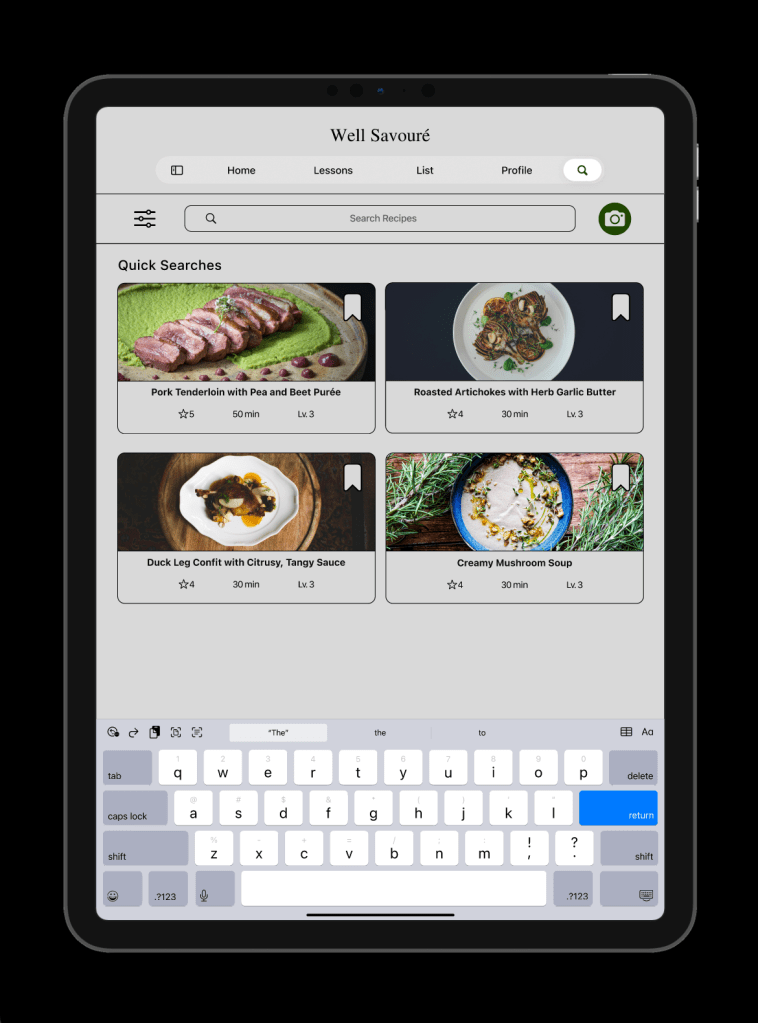 Search feature screen on tablet that consists of quick searches, filter, and camera to search for recipes.