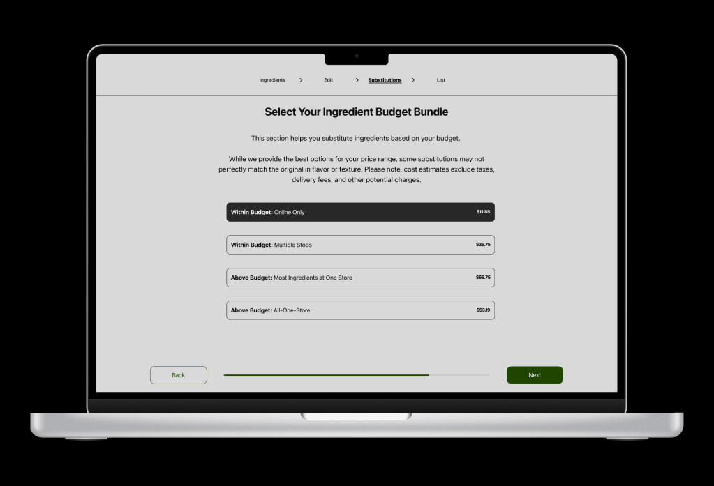 Substitution screen on desktop where different options are laid out within budget and above budget for ingredients.