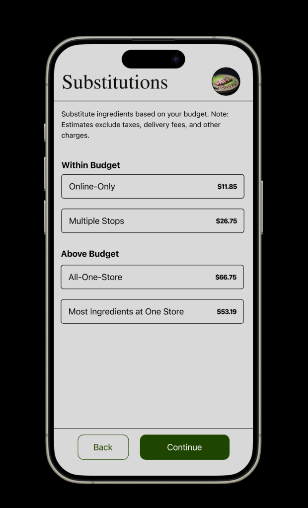 Substitution screen on mobile where different options are laid out within budget and above budget for ingredients.