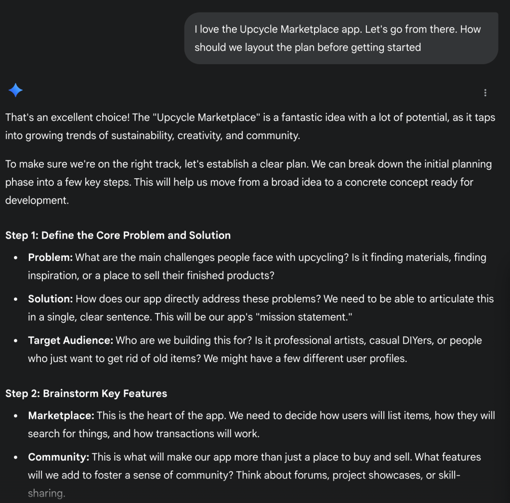 Gemini response with brainstorming ideas for apps.