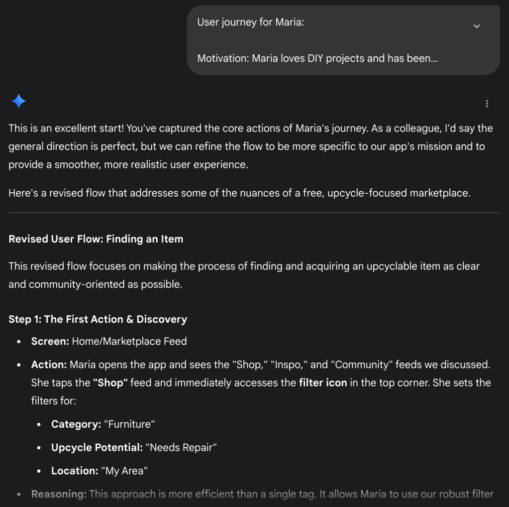Gemini response with revisions and refinement on the user journey.
