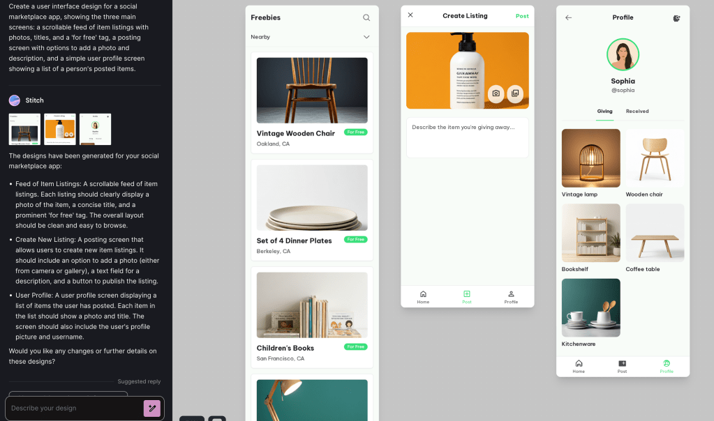 Google Stitch generated 3 screens following the prompt by Gemini. Showing 3 screen consisting of the feed, creating a listing, and profile.