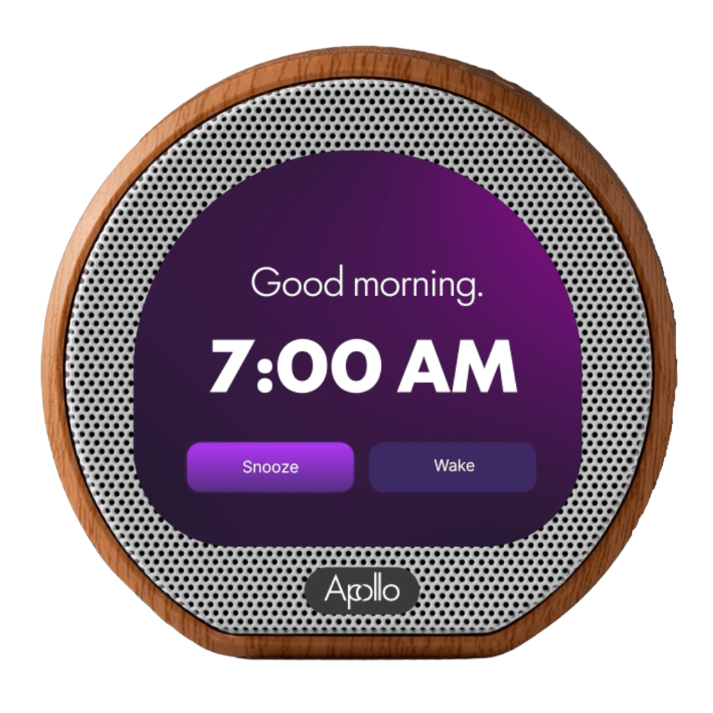 Apollo's main product displaying the alarm feature showing the time and options to snooze or wake.