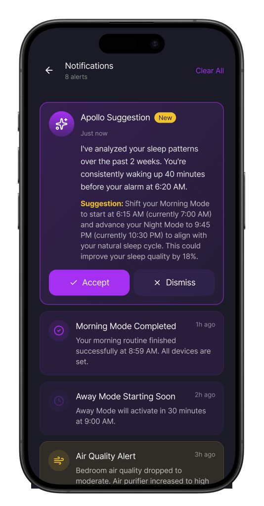 The Apollo app displaying notification screen with alerts including a suggestion from Apollo.