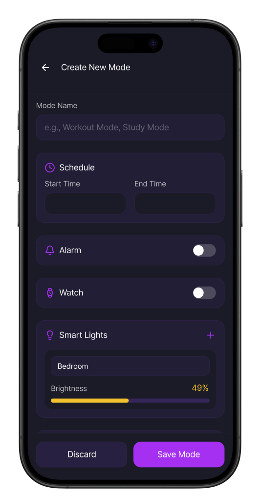 The Apollo app displaying the create mode section, allowing users to name it, set a time, alarm, watch involvement, lights, etc.