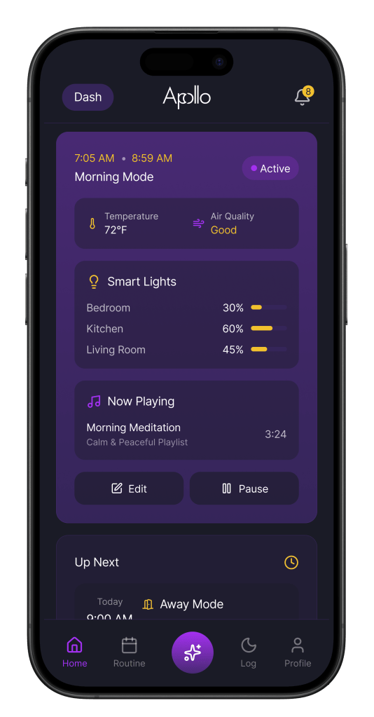 The Apollo app displaying the home screen with the active mode showing the temp, air quality, lights being used, music, and options to edit and pause. Notification section at the top and a navigation bar at the bottom.