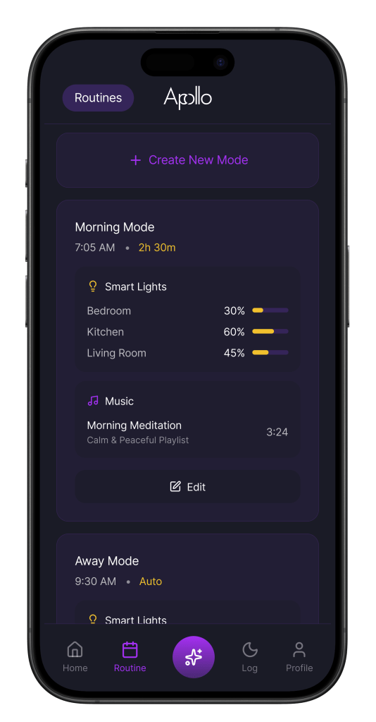 The Apollo app displaying the routine screen that lists the modes created with a brief overview and the option to edit or create a new mode.