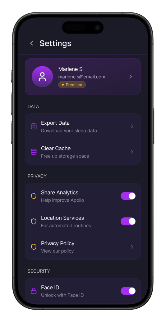 The Apollo app displaying the settings section that includes the user's account, data, privacy, security, permissions, and devices.