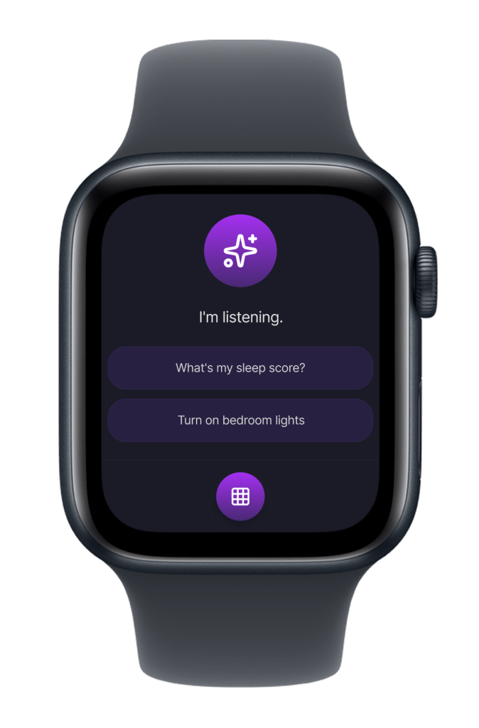 The watch displaying the Apollo's AI agent feature with the option to talk or tap the suggestions.