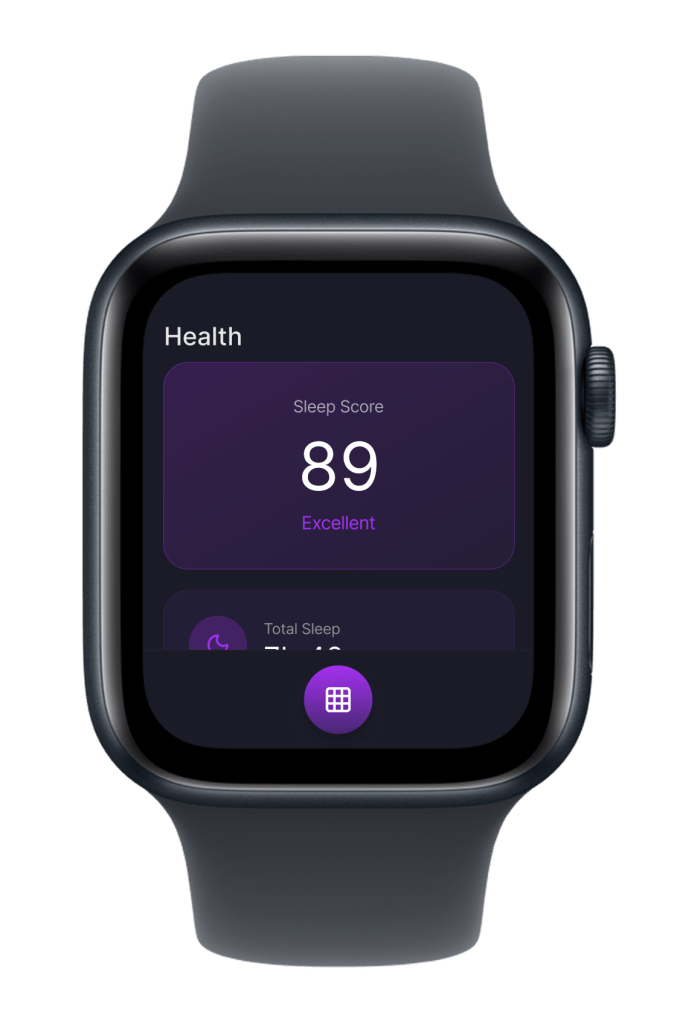 The watch displaying the user's metics such as sleep quality score, hours of sleep, heart rate, etc.